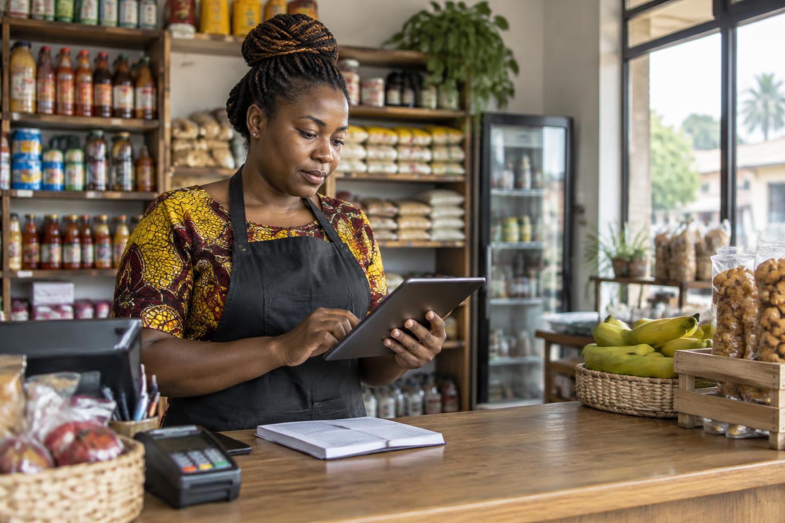 A shop owner reviewing her business figures at the counter